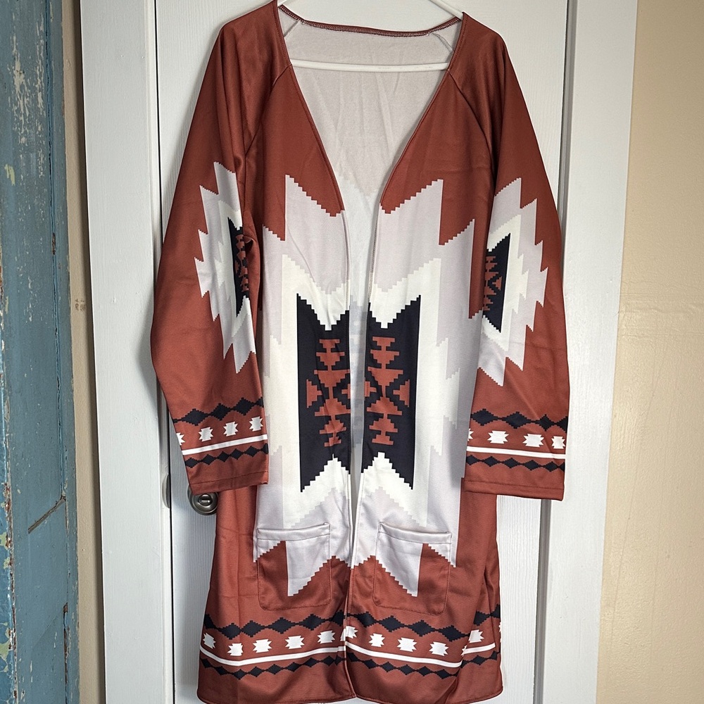 Rust and White Southwest Aztec Cardigan Duster with pockets 3XL